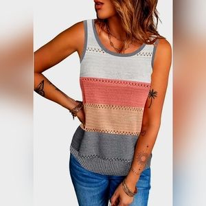 FIYOTE Womens Summer Sleeveless Scoop Neck Color Block Knits Loose Tank Tops